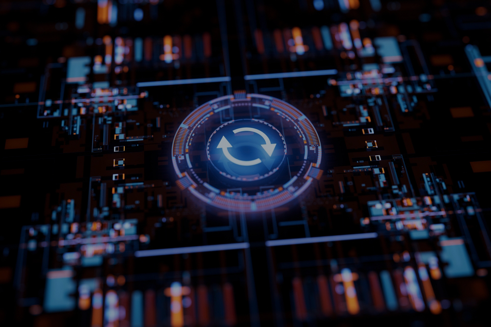 Update icon in futuristic space. Concept of hardware and software update, human resource changes, installing update, modernize, released new version, money transfer, maintenance and upgrading system.